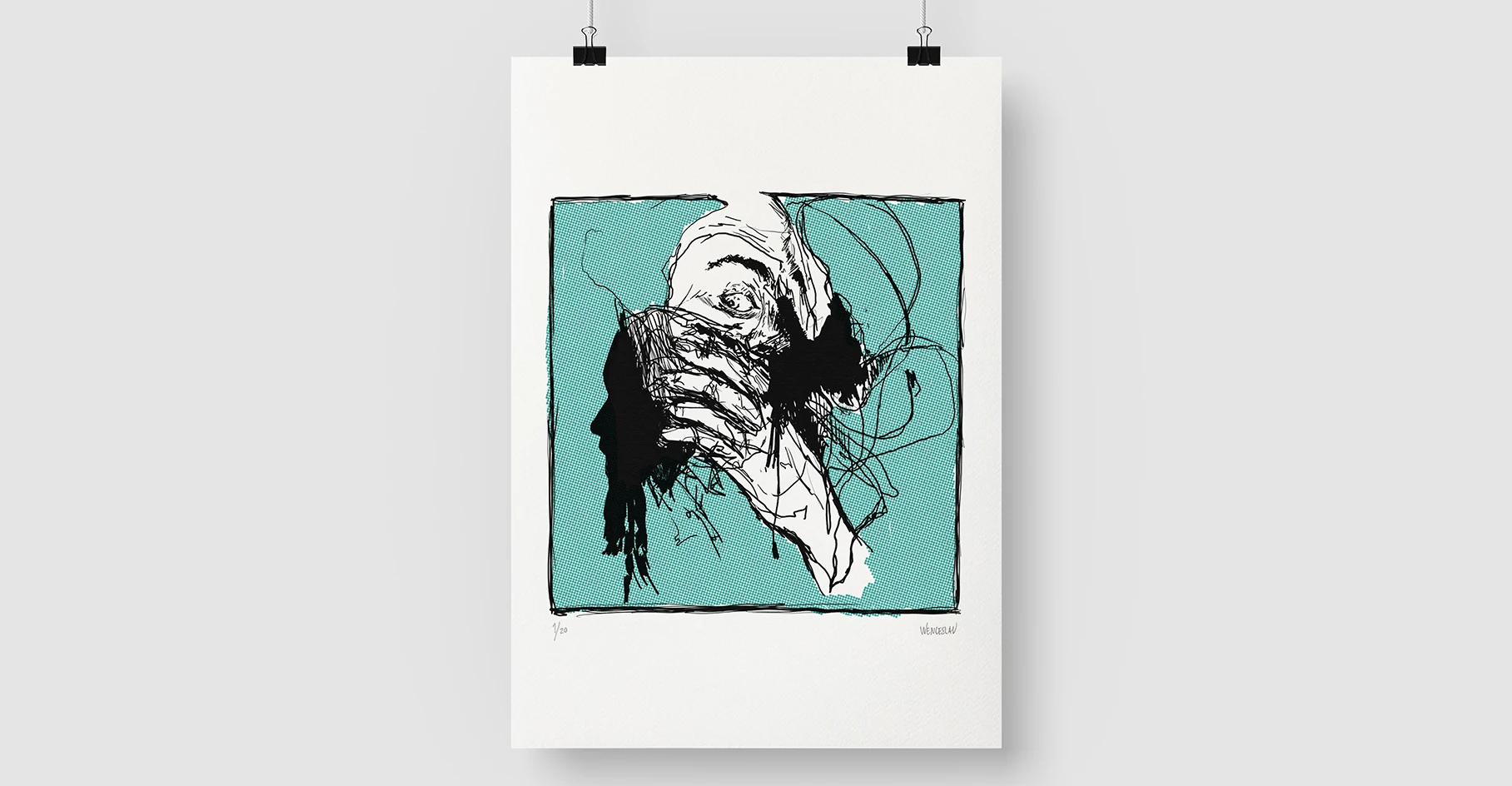 Serigrafia de Paulo Wenceslau, composição expressiva em preto e turquesa